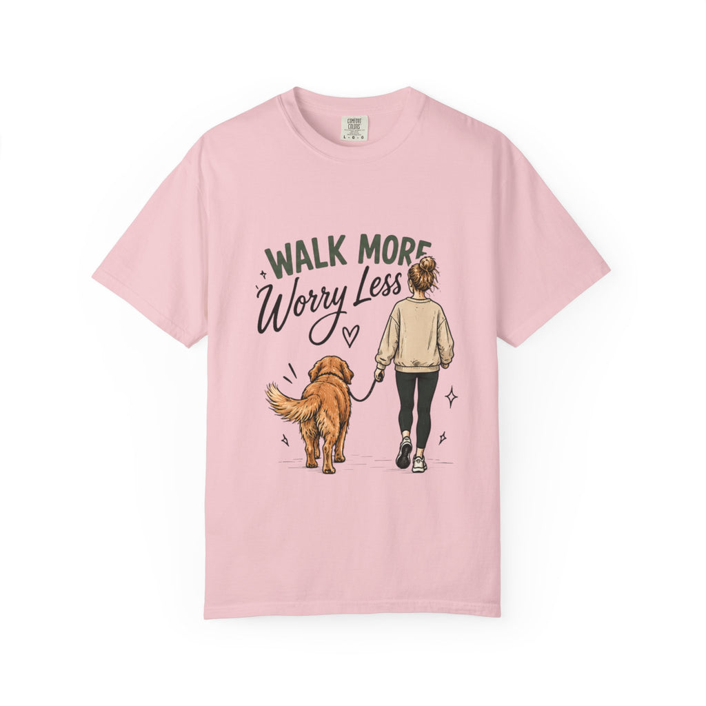 Walk More Worry Less Woman and Dog T-Shirt