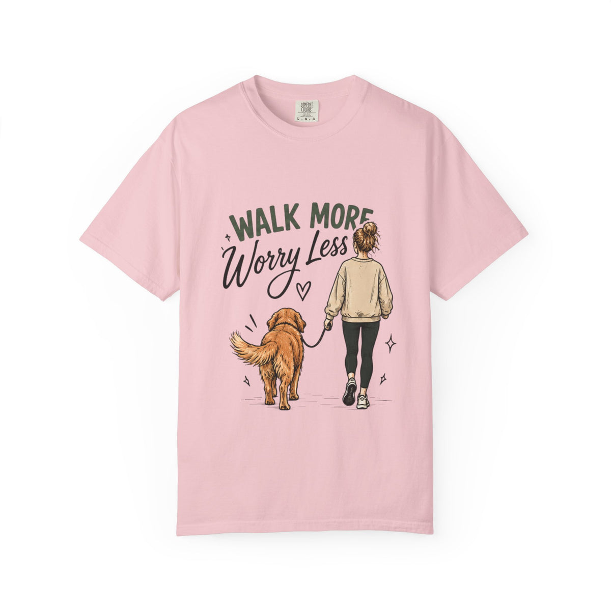 Walk More Worry Less Woman and Dog T-Shirt