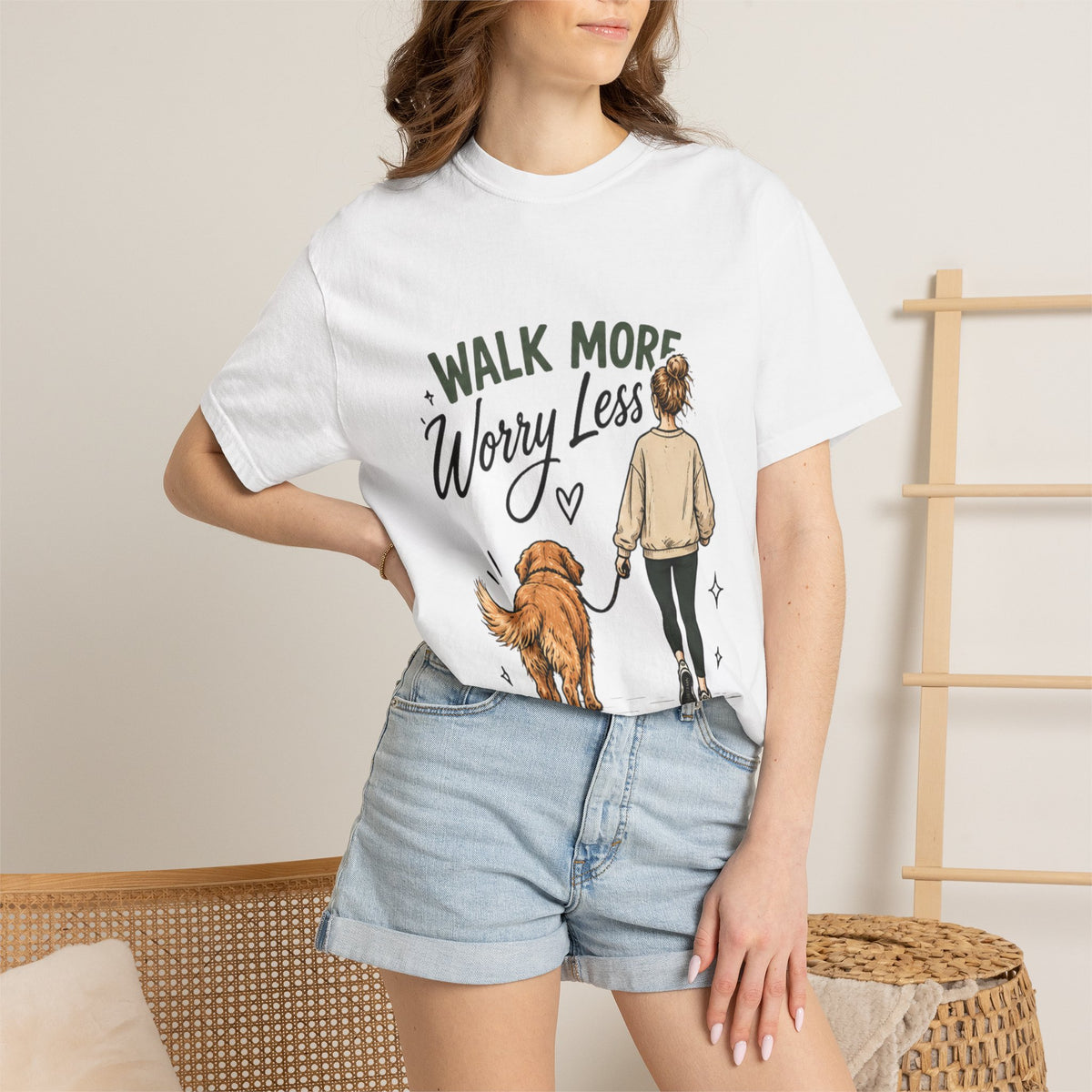 Walk More Worry Less Woman and Dog T-Shirt