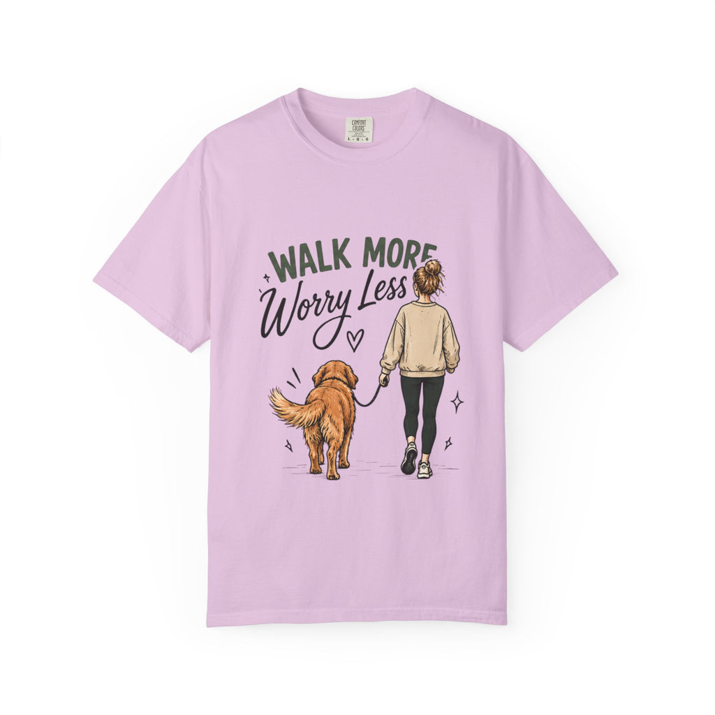 Walk More Worry Less Woman and Dog T-Shirt