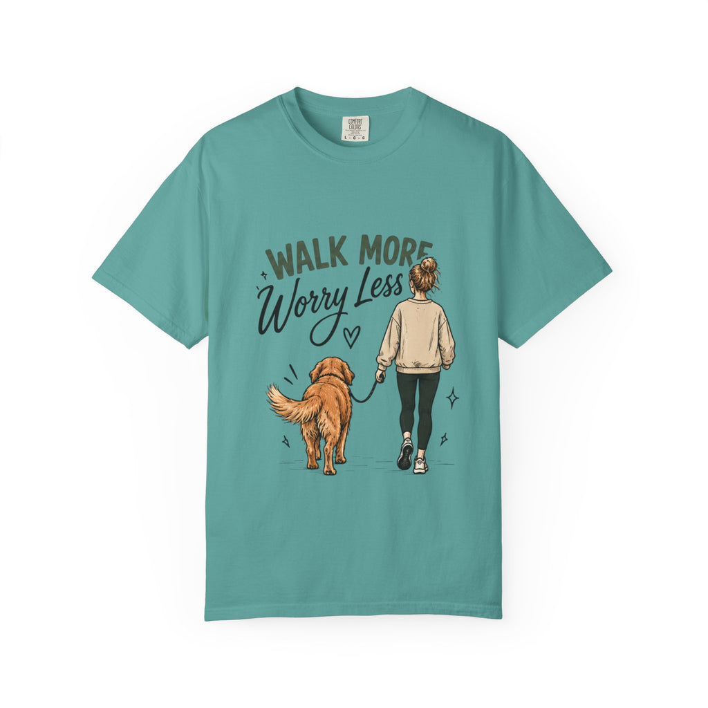 Walk More Worry Less Woman and Dog T-Shirt