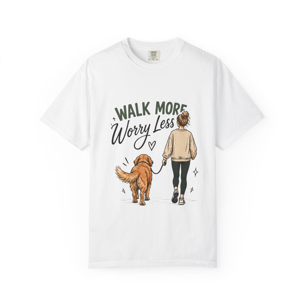 Walk More Worry Less Woman and Dog T-Shirt
