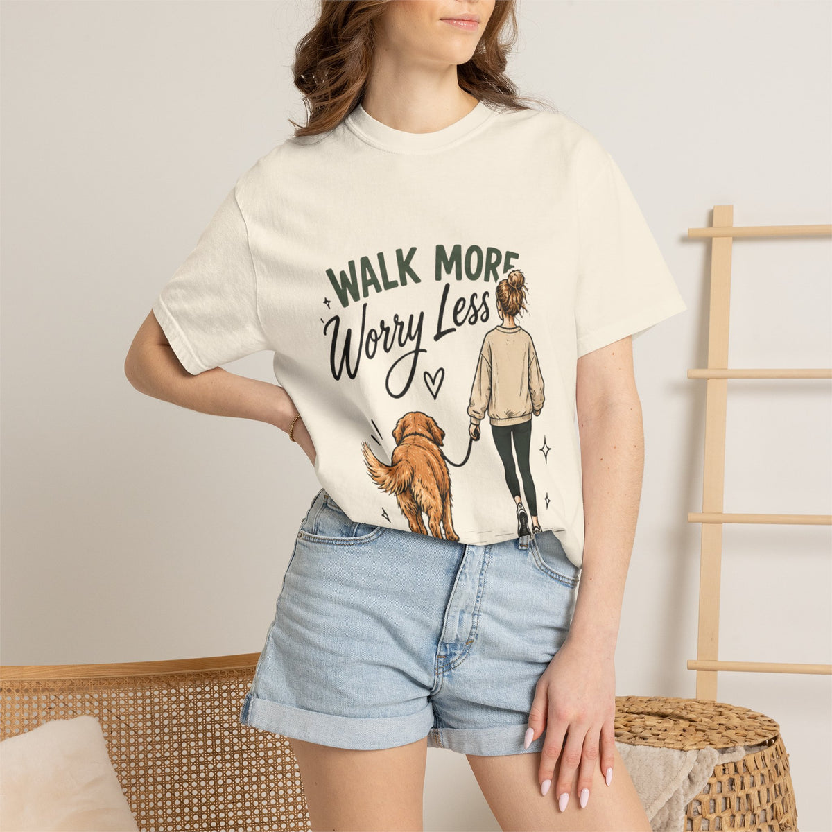 Walk More Worry Less Woman and Dog T-Shirt