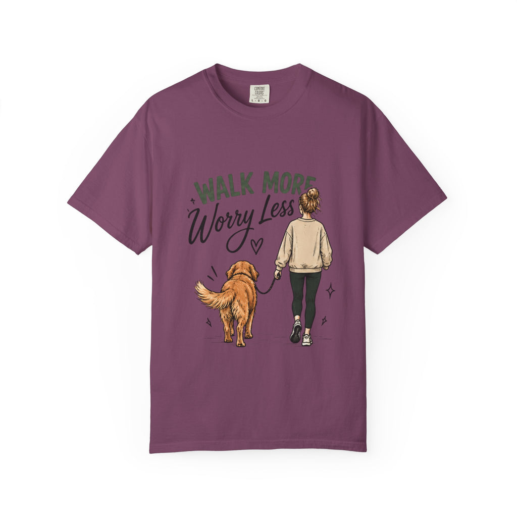 Walk More Worry Less Woman and Dog T-Shirt